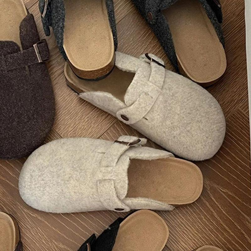 Baotou half slippers women wear popular Internet celebrity woolen flat cork Birkenstocks