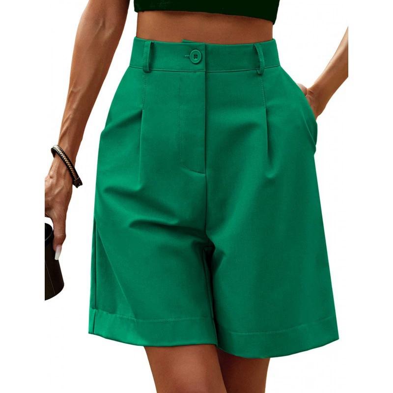 Sommer Damen Shorts Elastischer Hoher Bund Locker Seitentaschen Gerade Weich Einfarbig Atmungsaktiv Lässig Business Büro Shorts L