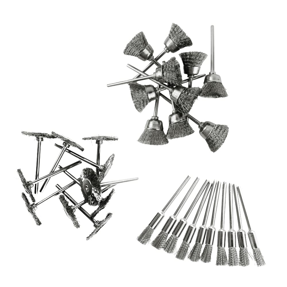 JINTONG Dremel Rotary Tool 3 Wire Steel Wire Wheel Polishing Grinding Bristle Polishing Dremel Rotary Tool Accessories Pack of 60 Brushes, Types