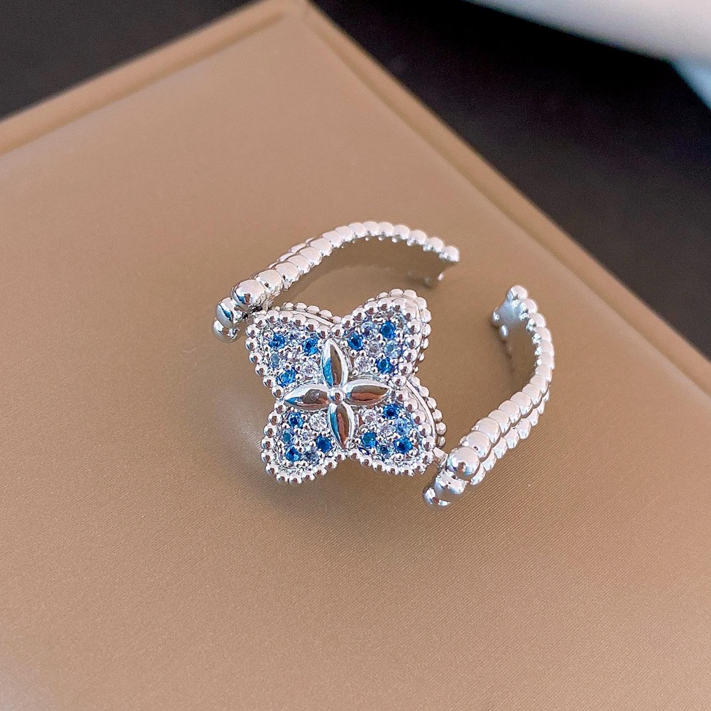 Zircon clover flower opening ring light luxury ring medium antique retro temperament jewelry