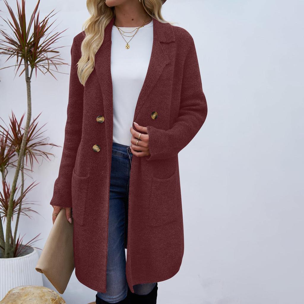 Women's Lapel Long Sleeve Mid-Length Woolen Coat Loose Fit Casual Fall Winter Blazer Jacket