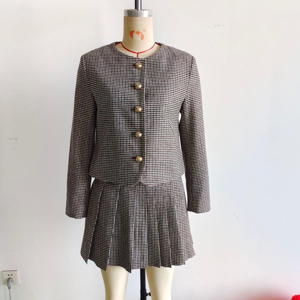 Spring 2025 European & American Women's Fashion Suit: Blazer & Houndstooth Pleated Skirt Set