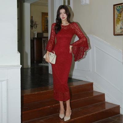Office Lace Dress Spring Ladies Fashion O Neck Trumpet Sleeves Sexy Perspective Slim Holiday Prom Party Dresses