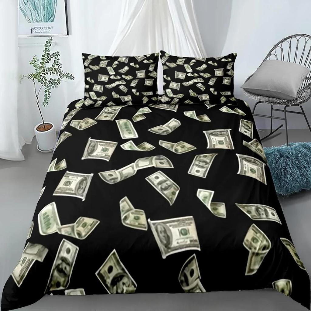 Dollar Duvet Cover Set, Art Blue Printing Money 3 Piece Bedding Set Queen/King/Full/Twin Size Quilt Cover for Boys Teens Girls