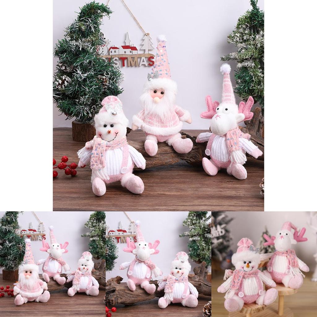 Adorable Pink Snowman And Reindeer Plush Figurines For Christmas Holiday Decor