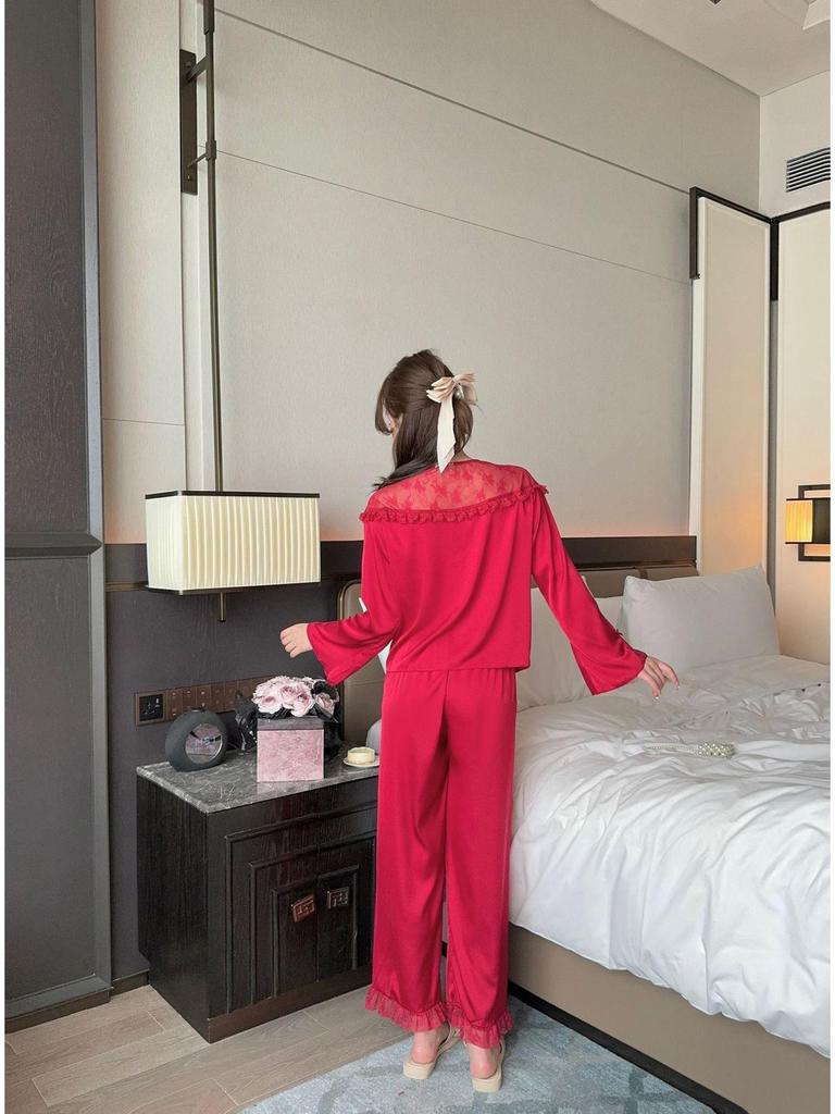 2025 Satin French Pajamas: Women's Ice Silk Long Sleeve & Pants Sweet Style Homewear Set