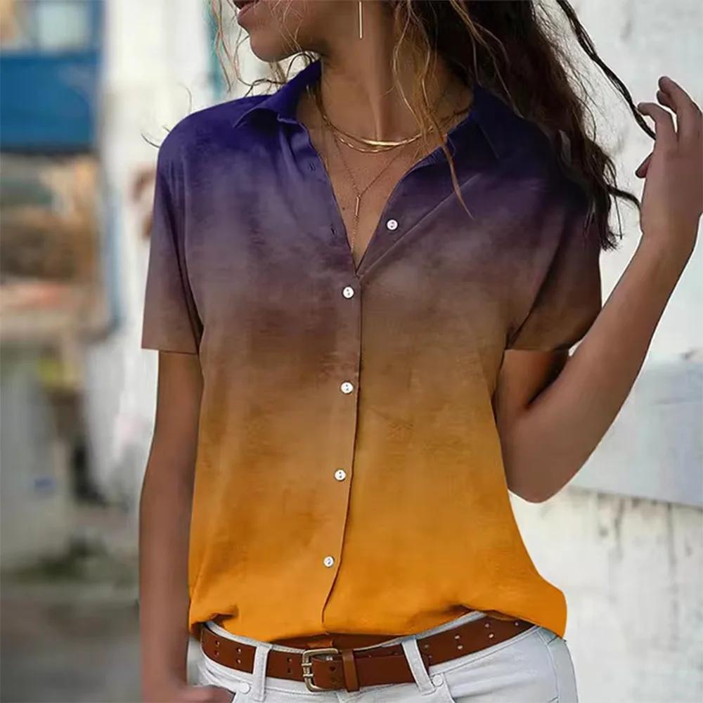 Regenbogen-Gradient 3D-Druck Damenhemden Lässig Revers Knopfleiste Einreihig Knöpfe Hemden Sommer Kurzarm Blusen Oberteile