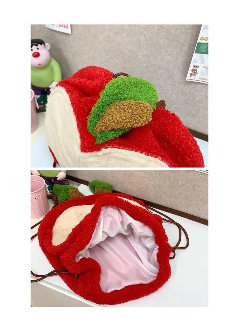 Cute Cartoon Apple Plush Backpack & Crossbody Bag – Large Capacity Schoolbag