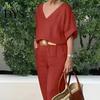 Two-piece Summer Suit 2 Pcs/Set Blouse Pants Set V Neck Long Sleeves Top Wide Women Leg Loose Elastic Waist Trousers OL Commute Casual Homewear Outfit