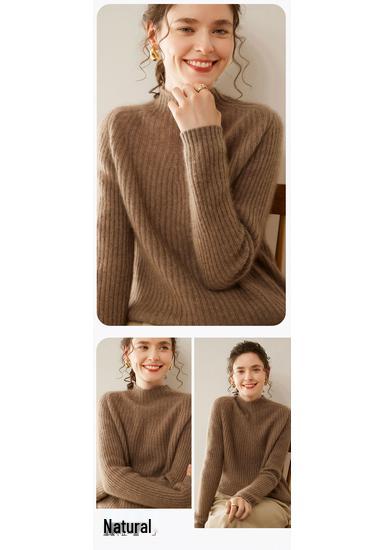 Women's Slim-Fit Ribbed Cashmere Sweater - Half-High Neck Knit Top for Autumn and Winter