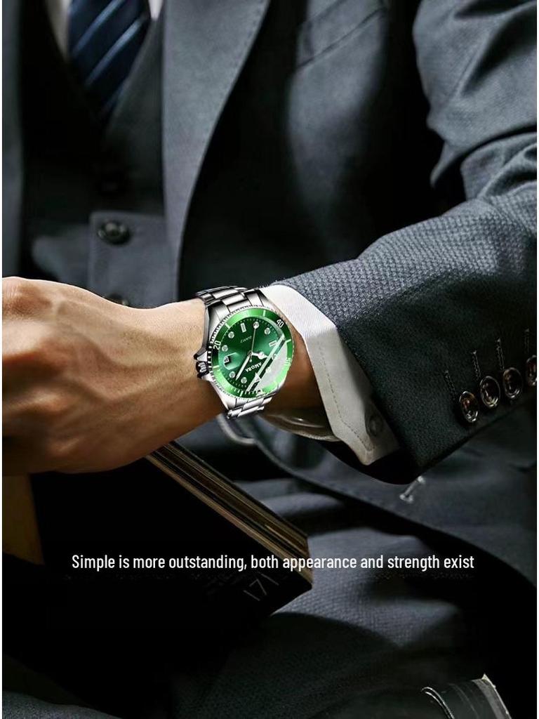 Men's Green Water Ghost Quartz Watch with Calendar & Steel Band