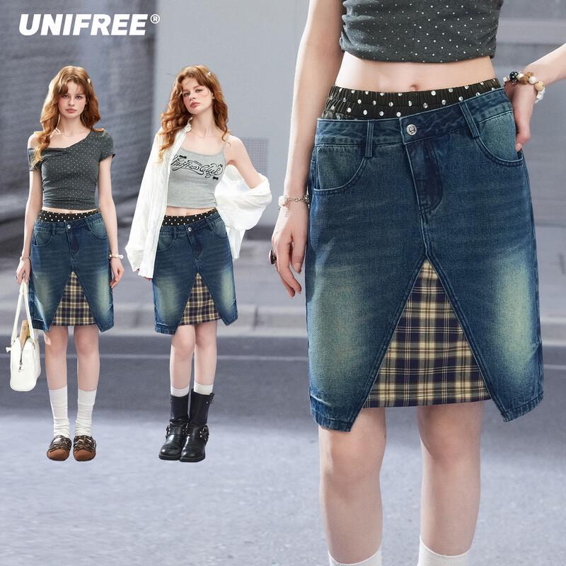 UNIFREE Retro Polka Dot Plaid Patchwork Denim Skirt M