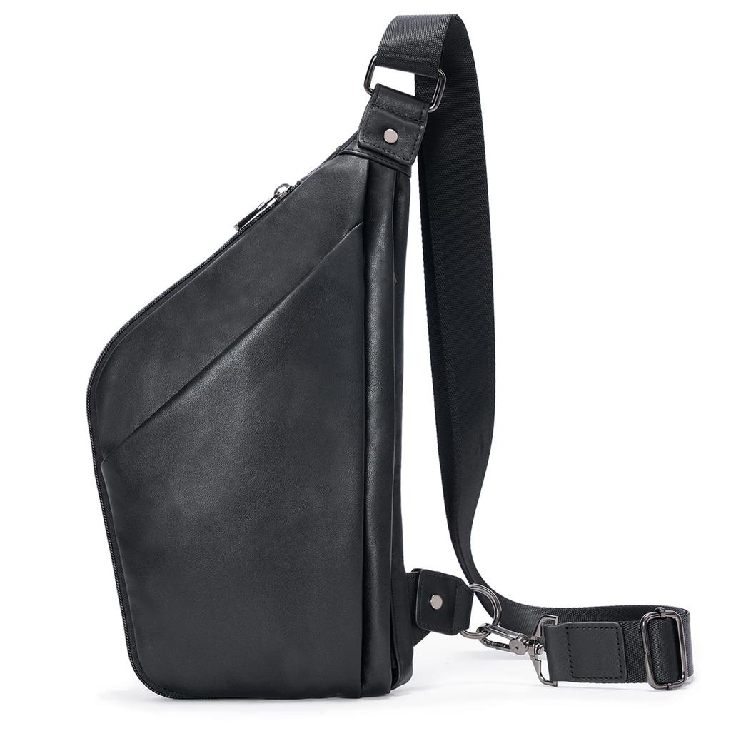 Achiyu Men's Genuine Leather Shoulder Bag with Expandable Storage, Calfskin Leather, Slim, Lightweight, Large Capacity, Water-Repellent, Popular for