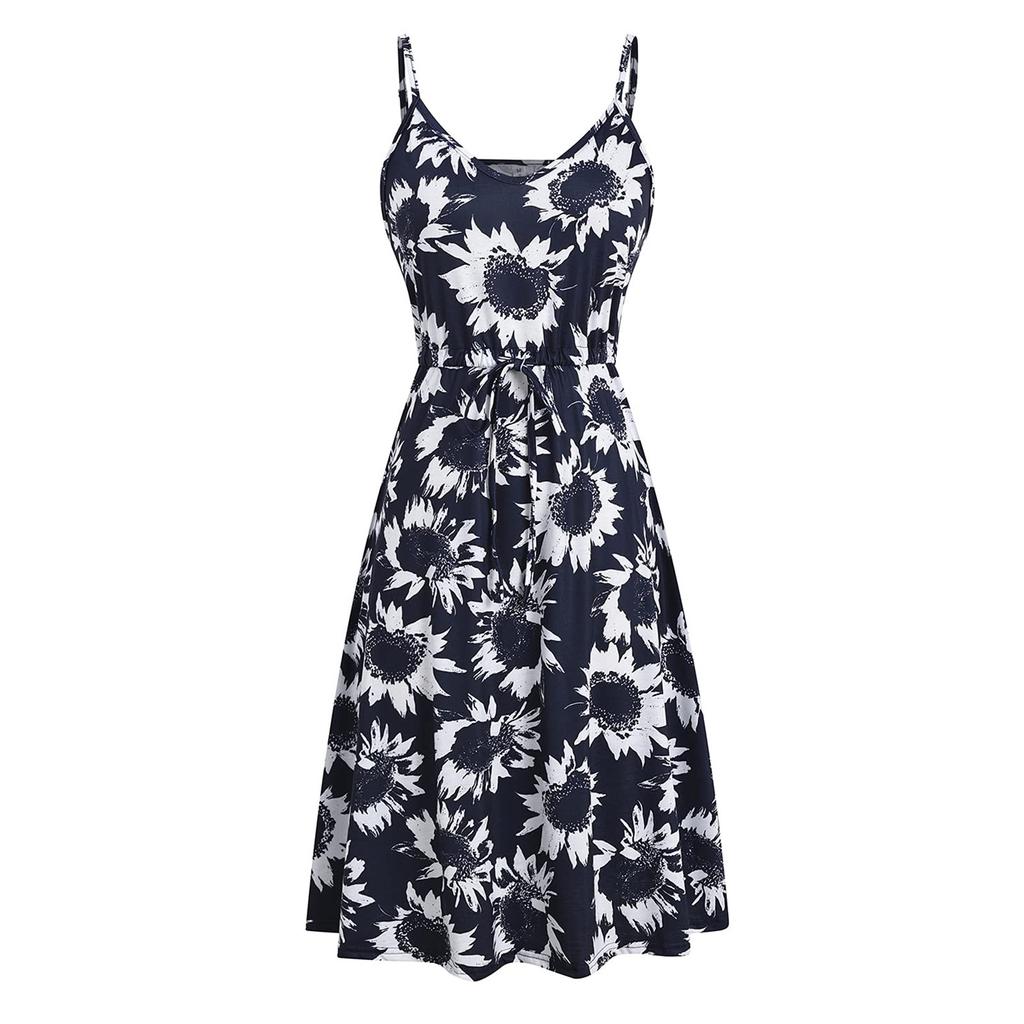 Ladies Casual Summer Cotton Sleeveless Spaghetti Strap Adjustable Waist Sundress