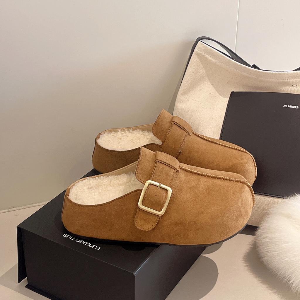 Fleece thick-soled inner heightening bag head half slippers women's new autumn and winter one-pedal Boken cotton shoes