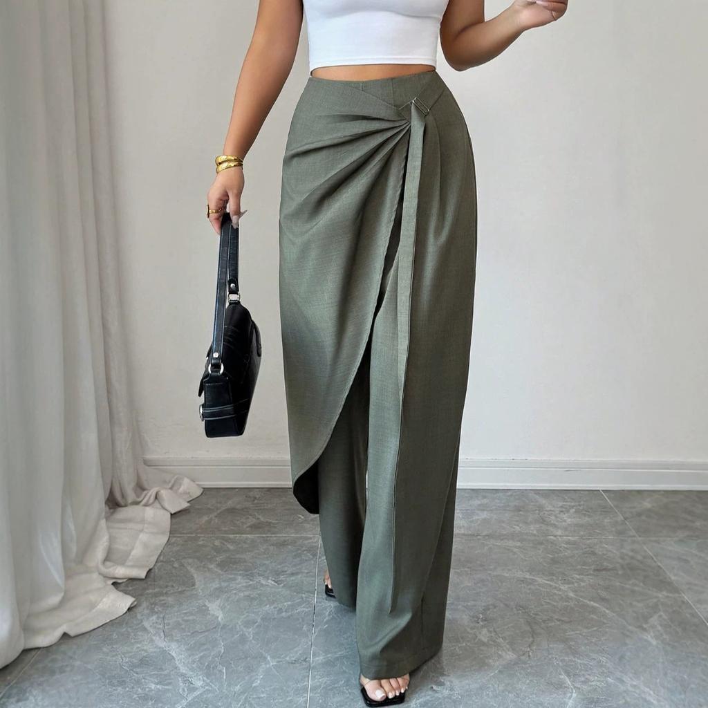 Pantaloni da donna a vita alta con nodo attorcigliato, gamba larga drappeggiata, vestibilità casual ampia, pantaloni palazzo
