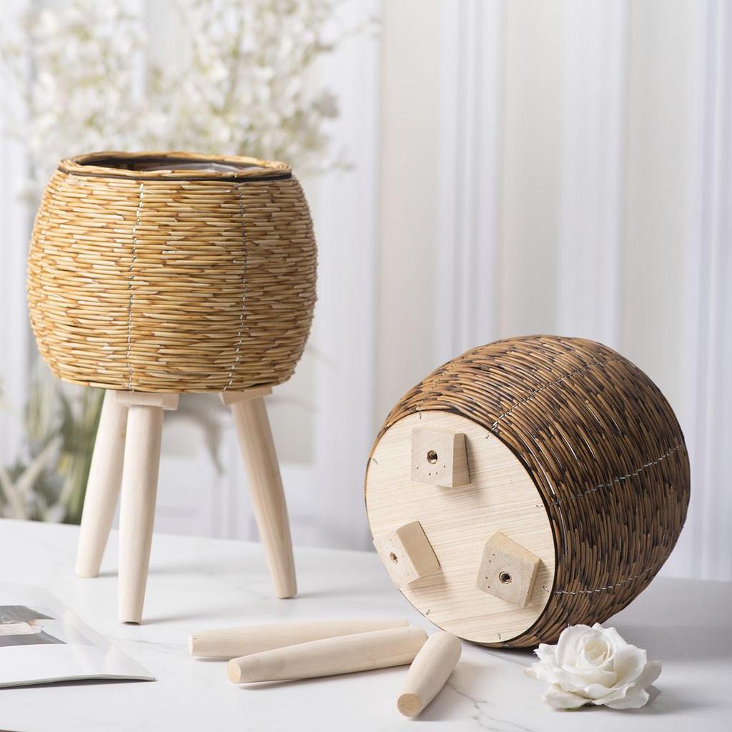 Imitation Rattan Triangular Flower Pot Stand: Creative Desktop Succulent Storage, Straw Woven Design, Large.
