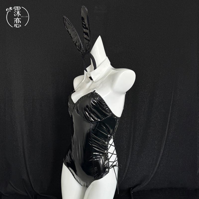 Sexy Sex Clothes Open Gear Free Sex Underwear Mirror Patent Leather One-piece Bunny Girl Nightclub Uniform Hidden Button
