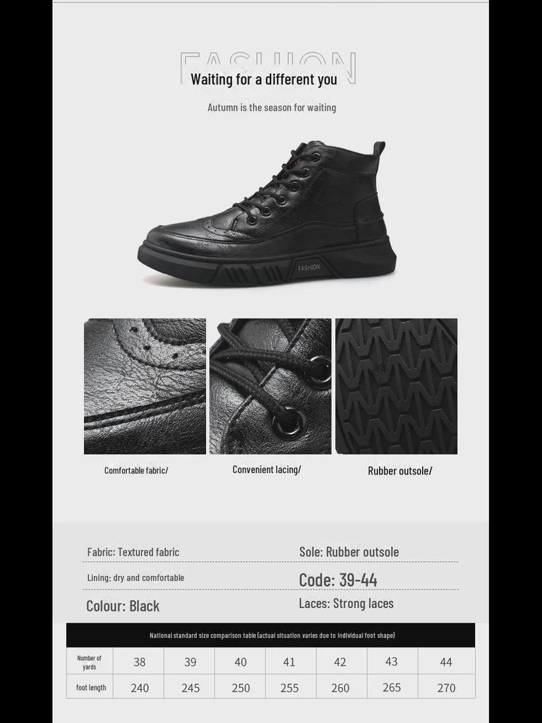 Men's Winter Brogue High-Top Leather Boots - Warm, Casual, Velvet-Lined