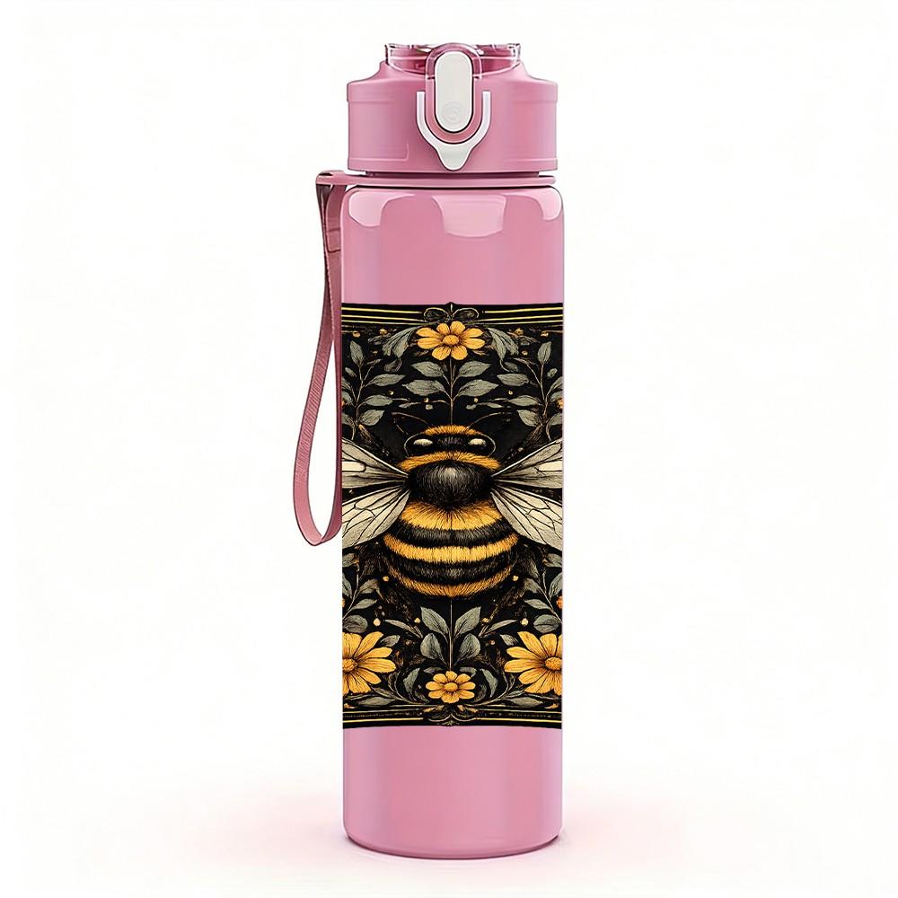 1PC Decorative Bee Pillow Print 750ml Color Plastic Sports Water Bottle Leakproof Flip Straw Lid Suitable for Sports Office Home Use