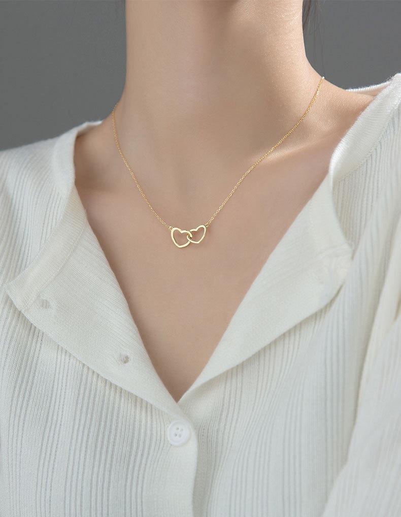 

925 Silver Interlocking Hearts Pendant Necklace - Women s Minimalist Clavicle Chain, Ideal Influencer & Best Friend Birthday Gift золотой