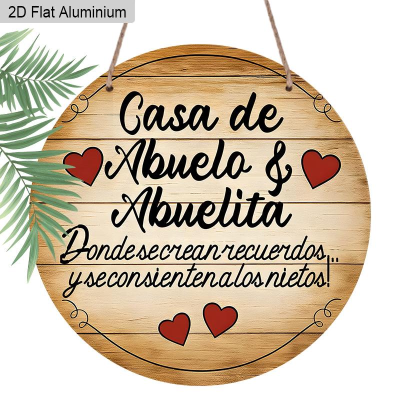 2D Flat Aluminum Round Metal Wall Art, Spanish Grandparents Home Decor, Rustic Wooden Texture Hanging Plaque for Front Door, Porch, Living Room, Gift