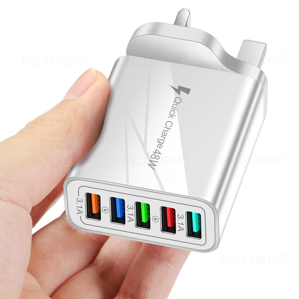 Multi-Port USB Charger with LED - Compatible with EU, US, UK Standards for Mobile Devices