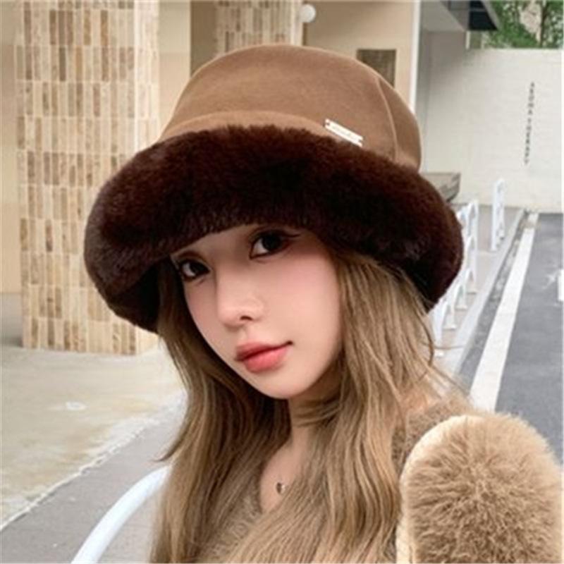Fleece thickened warm plush bucket hat women's winter new pleated splicing basin hat outdoor windproof ear protection hat tide