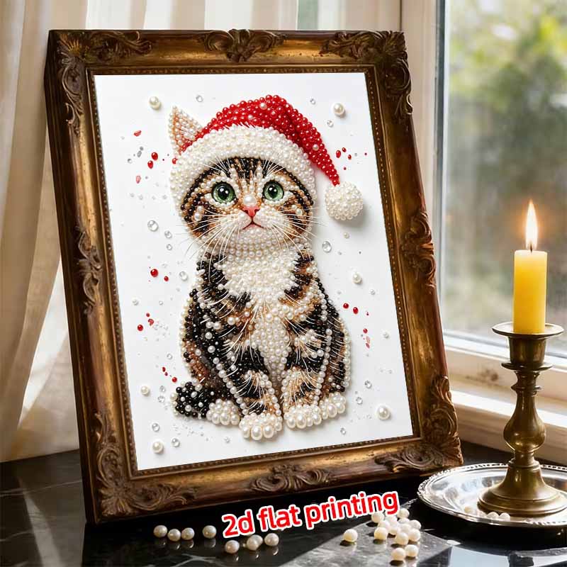 Frameless Pearl Painting Kit Cute Cat Christmas Aesthetic Wall Art DIY Sparkling Bead Canvas Room Decor Creative Craft