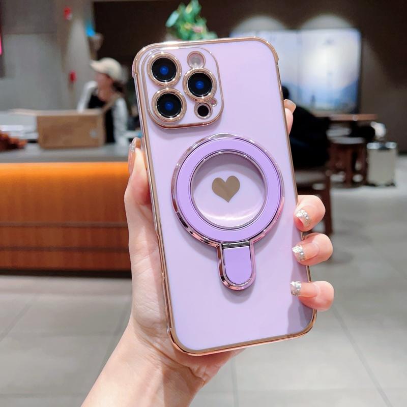For Magsafe Plating Love Heart Bracket Wavy Case For iPhone 17 Air 16E 15 14 13 12 11 8 Pro Max Plus Magnetic Stand Holder Cover