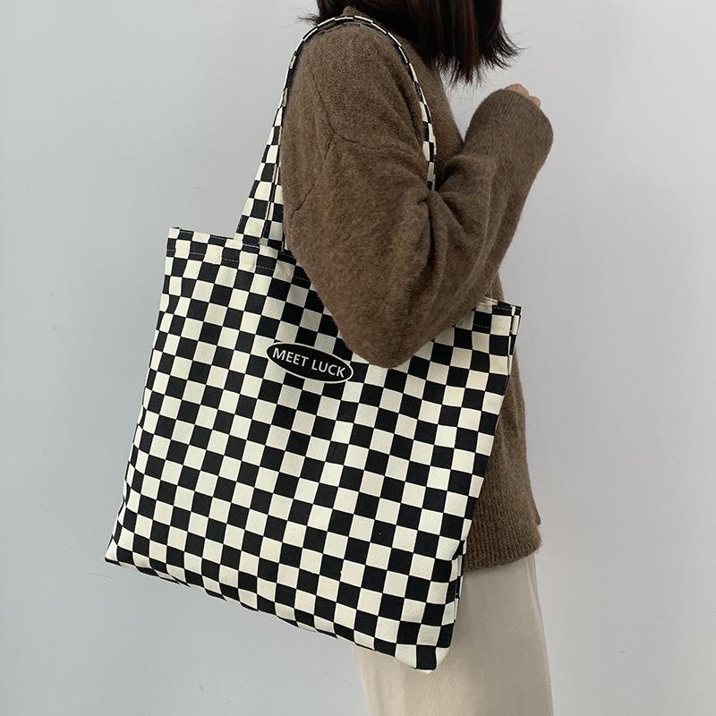 

Checkered Shopping Bag with Zipper, Canvas Tote Bag