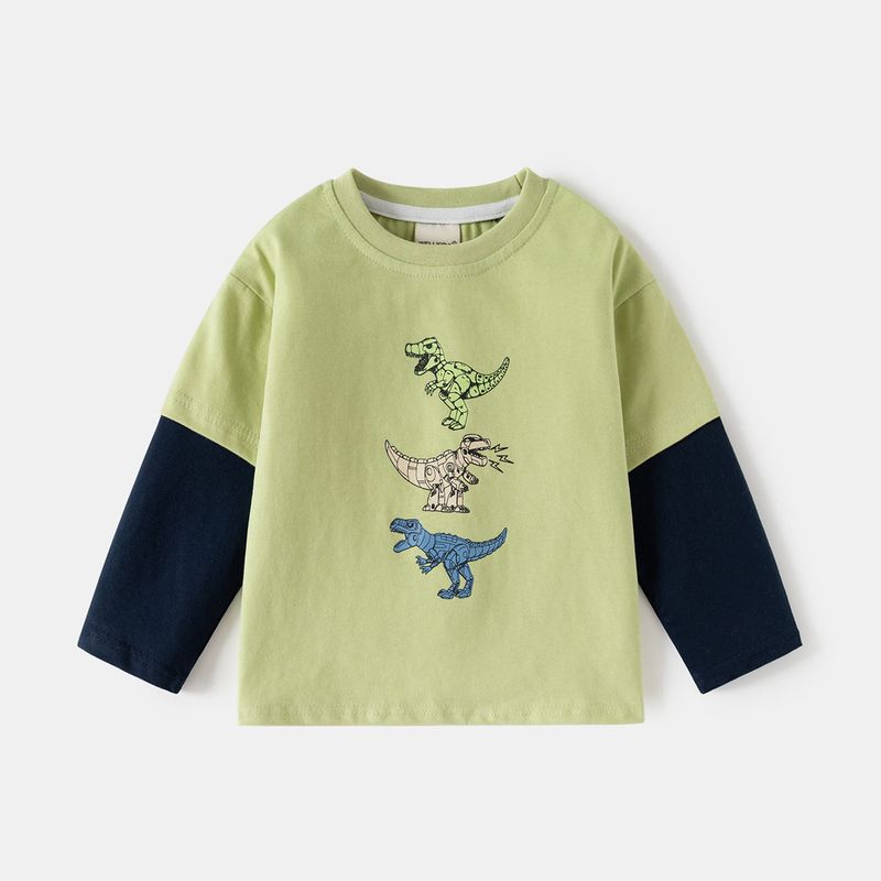 Children s Clothing for Spring and Autumn, Boys  Dinosaur Two-Piece Style Long-Sleeve T-Shirt, Boys  Patchwork Sleeve Base Shirt Green 130
