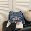 Borsa a tracolla gatto ricamato stile coreano carina Borsa a sacchetto in denim lavato per donne Styling quotidiano Casual Minimalista Borsa a spalla