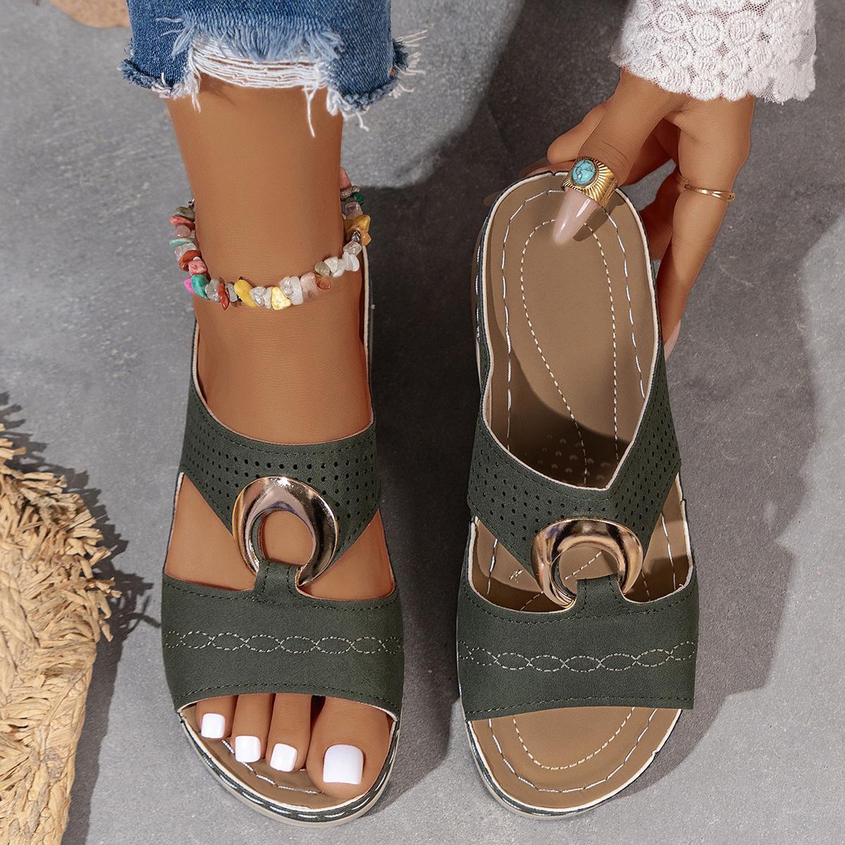 Summer Women s Toe-Exposing Sandals Casual Metal Buckle Sandals Wedge Heel with Thick Sole Openwork Slip-On Women s Shoes 42EU/CN43 зелёный