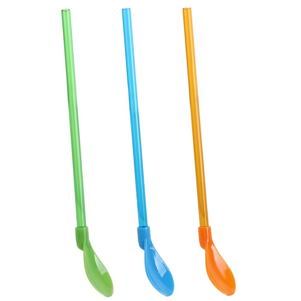 5Pcs 2 in 1 Plastic Spoon Straws Long Handle Ice Cream Spoon Stirring Spoon Milkshake Straws  Party