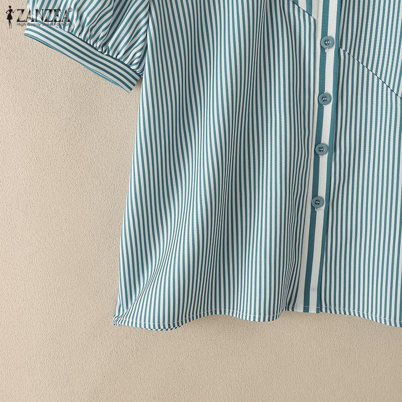 ZANZEA Women Casual V-Neck Loose Half Sleeve Stripe Blouse