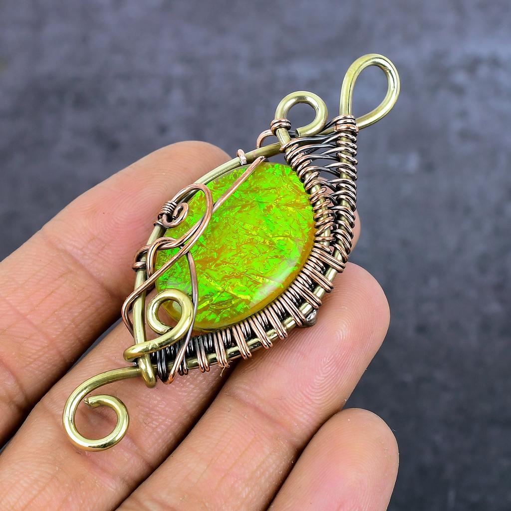 Yellow Triplet Opal Handmade Copper Eire Wrap Jewelry Pendant 3.15" V3v49