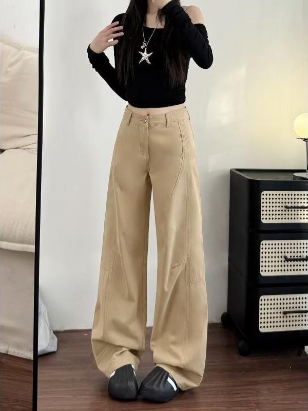 Women's High-Waisted Khaki Wide-Leg Jeans: Spring/Autumn Loose-Fit, Pear-Shape, Slimming Straight-Leg Pants