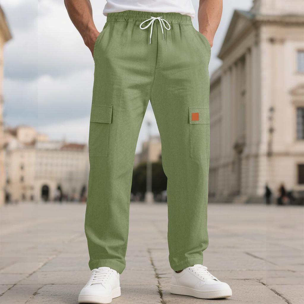 Herren Leinen Cargo Hose Elastischer Kordelzugbund Leichte Sommer Strandhose Einfarbig Lässige Gerade Hose