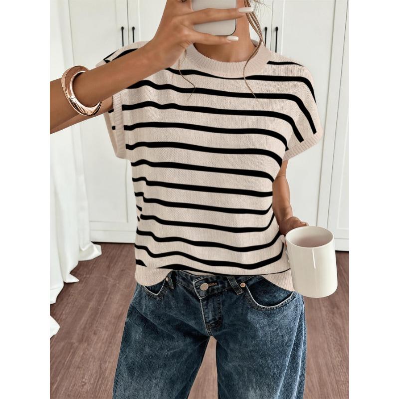 

Womens Striped Knit Short Sleeve T Shirt Casual Loose Fit Crew Neck Lightweight Pullover Top S