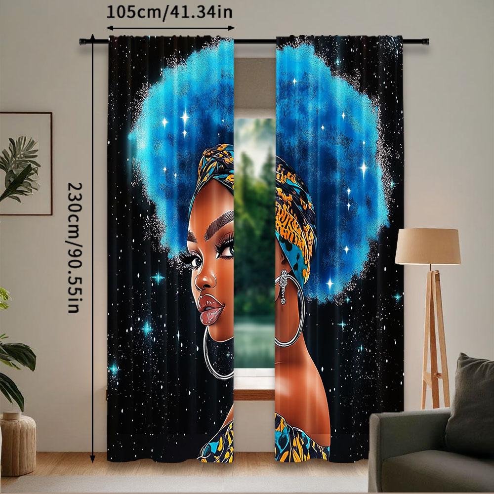2Pcs Black Curtain African American Woman Afro Lady With Blue Hair Suitable For Bedroom Living Room Dining Room And Bathroom A