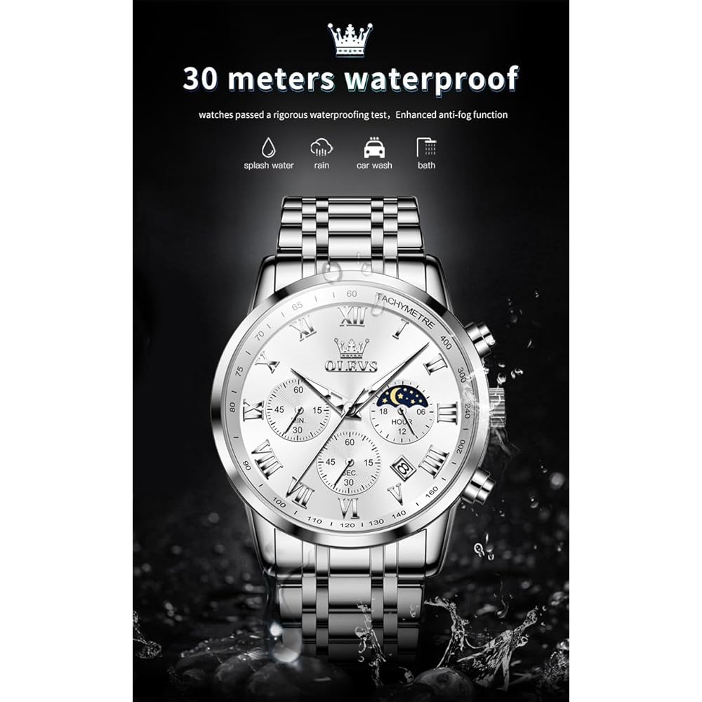 OLEVS Men's Quartz Watch Waterproof Date Luminous Classic Stainless Steel Band Fashion Business White