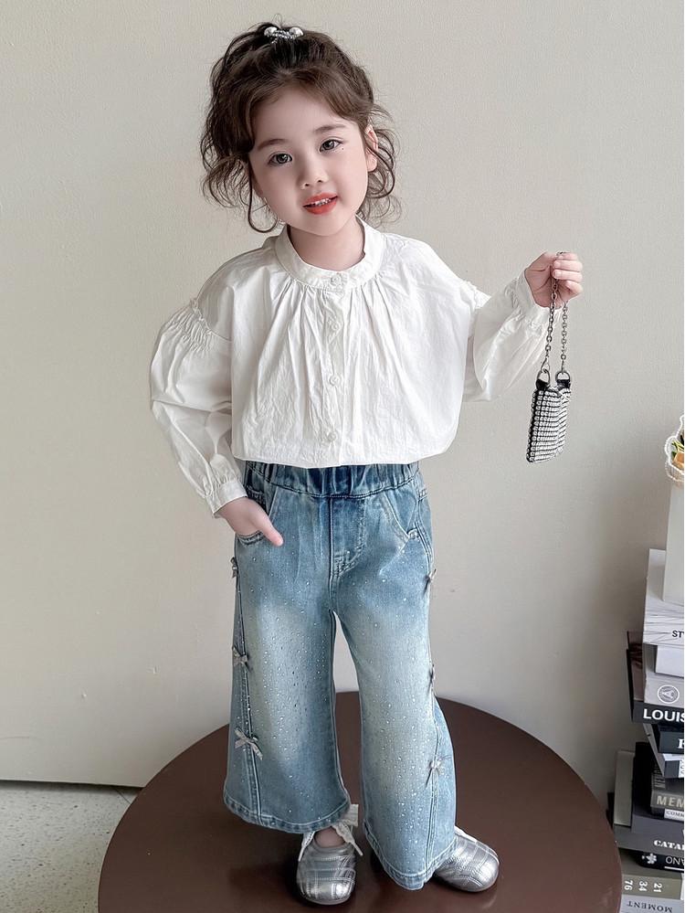 Girls' 2026 Spring Rhinestone Star Denim Jeans - Drapey Straight-Leg Casual Pants