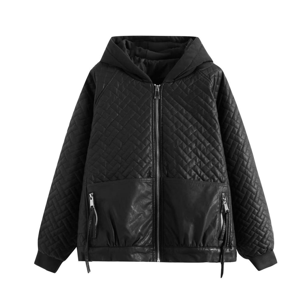 2024 Autumn Women's European & American Style Hooded Faux Leather Long Sleeve Loose Jacket