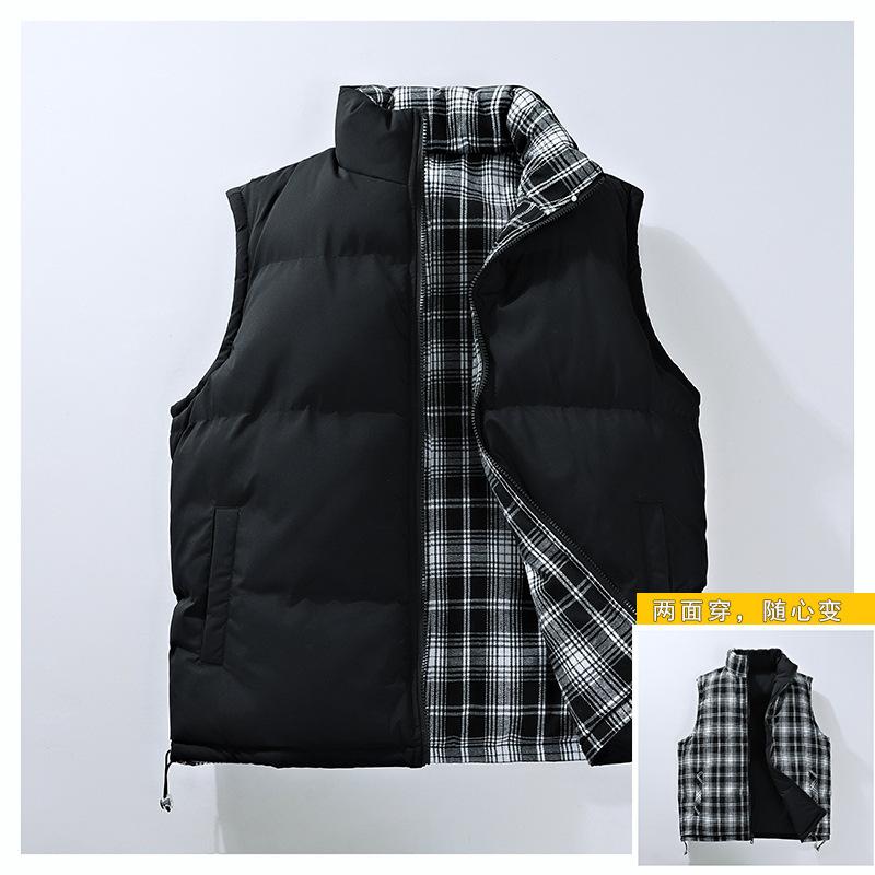 Trendy Plaid Stand-up Collar Vest 2025 Autumn New Korean Version Casual Loose and Versatile Sleeveless Two-sided Coat Men