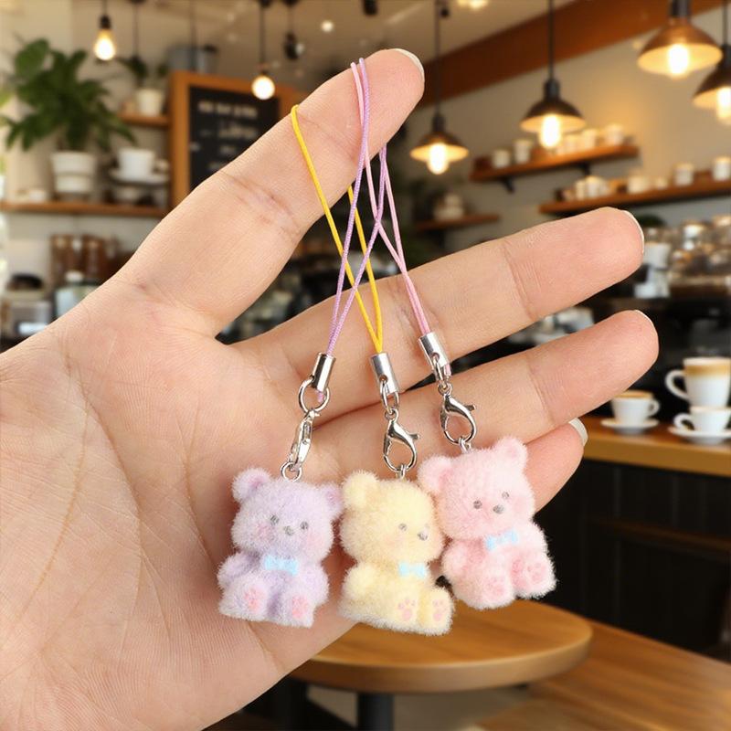 Cute Flocked 3D Resin Bear Keychain Sweet Creative Student Phone Chain Pendant Bag Accessory Phone Strap Gift