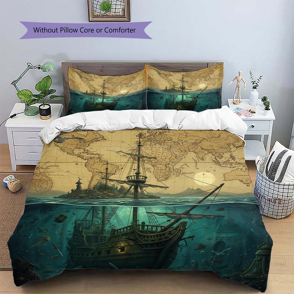 Map Ocean Architecture Pattern Bedding Quilt Set Home Decoration Gift (1 * duvet cover + 2 * pillowcase without core)