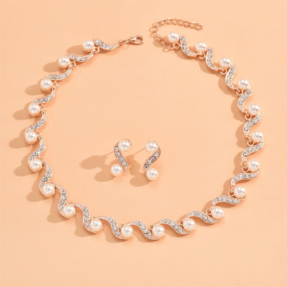 Ladies Elegant Imitation Pearl S-Shape Necklace Earring Set Bridal Clavicle Chain Jewelry for Weddings Women Jewelry Gift