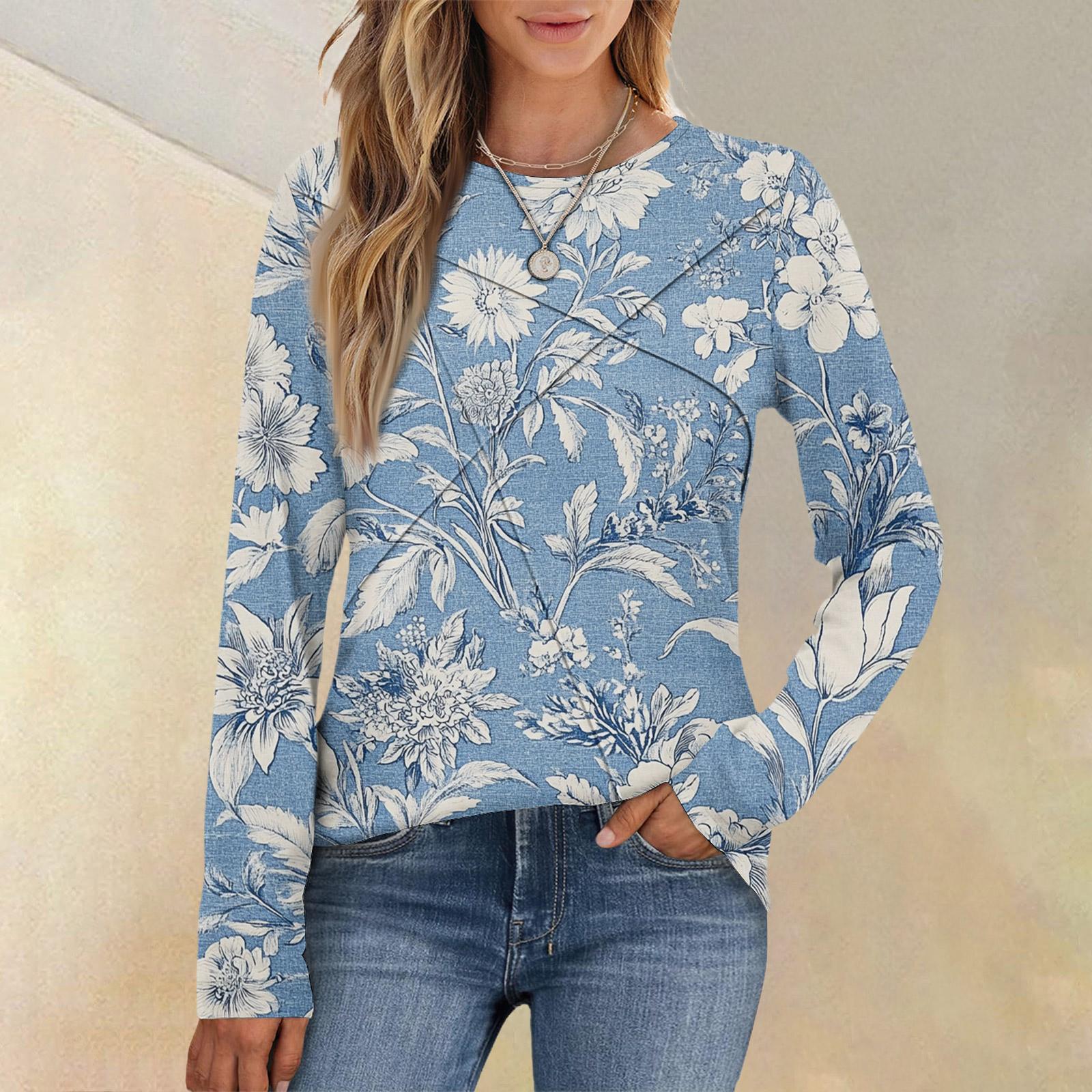 

Fashion Women s Long Sleeve Round Neck Casual Pleated Floral Print Loose Top XL