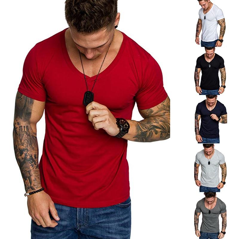 High-quality Men's Slim V Neck Short Sleeve Muscle Tee T-shirt For Casual Wear